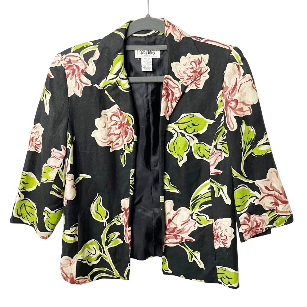 Bob Mackie Black Floral Open Front Linen Blend 3/4 Sleeve Blazer Women’s Size 6